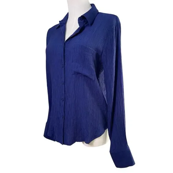 50th Street Petite Navy Blue Crinkle Long Sleeve Button Front Blouse Size PS - Picture 8 of 11